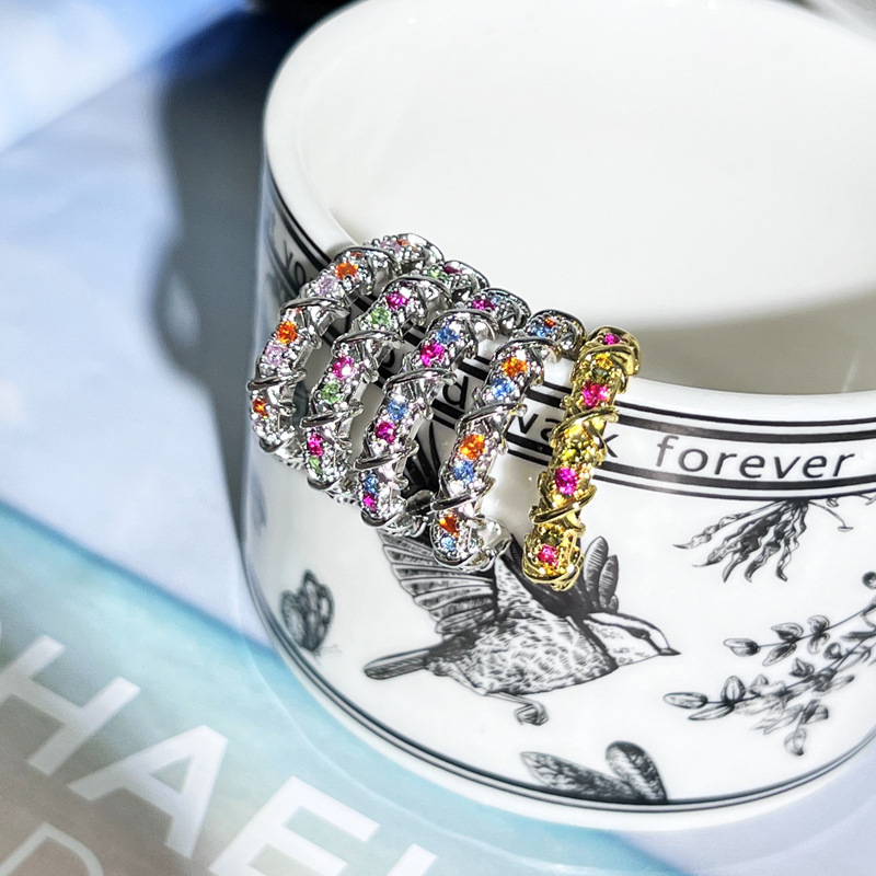 New high sense color zircon cross kaleidoscope fashion ring women's cross-border explosion simple temperament finger ring