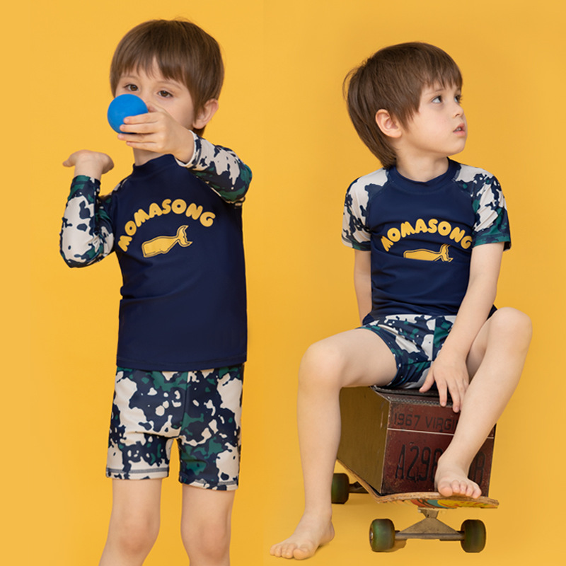 Momasong Kidsren's Swimsuit New Boys' Split Long-Sleeved Sun Protection Middle and Large Kidsren's Camouflage Student Surfing Swimsuit
