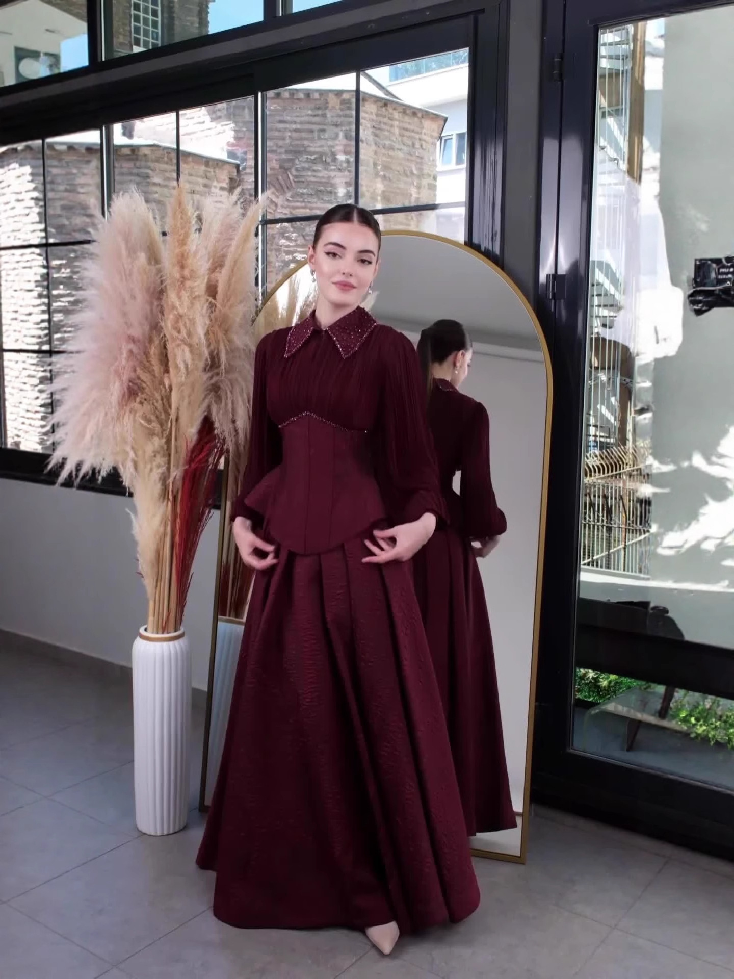 Amazon European and American Cross-Border 2025 Summer New Elegant and Feminine Long-Sleeved Waist Long Skirt Dress for Women