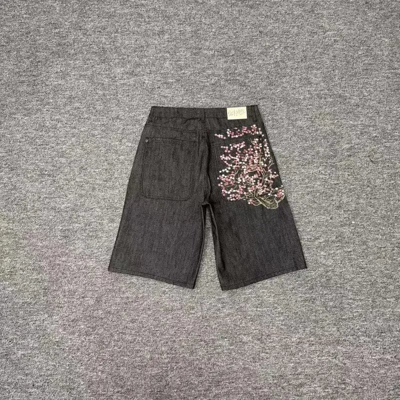 美式潮牌高街落花刺绣牛仔短裤