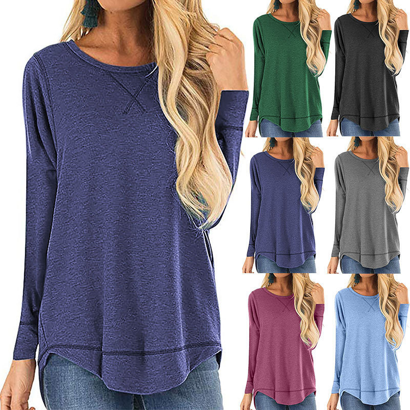 Amazon Women's Clothing 2026 Autumn/Winter Round Neck Long Sleeve T-Shirt Solid Color Loose Top Short Front Long Back Tuxedo Women's T-Shirt