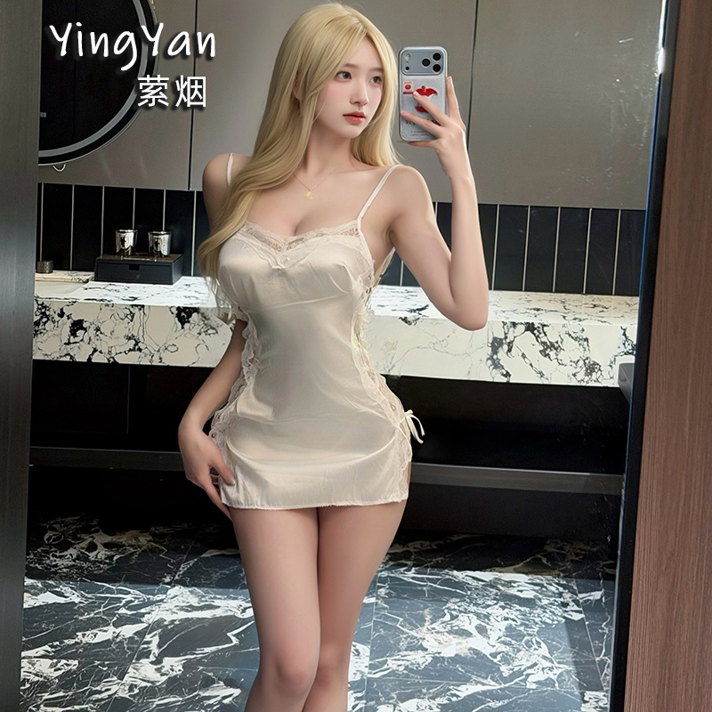 Zhaqu Sexy Lingerie, Sexy Slit Suspender Hollow-Out Nightgown, Satin Seductive Short Skirt, Lace Trim Passion Set