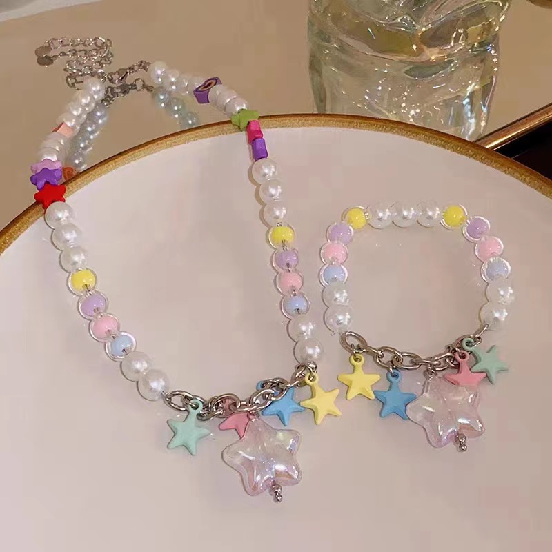 Summer All-match Color Beaded Stars Pendant Necklace Female Temperament Niche Design Sense Clavicle Chain Small Fresh Bracelet