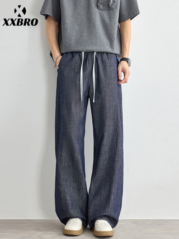 Muxi Clothing # American-Style Linen Curved Jeans for Men, Summer Trendy Brand, Breathable, Relaxed Fit, Loose Straight Wide-Leg Pants.