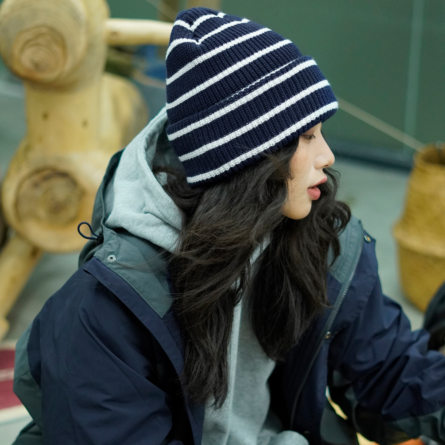 Japanese Style Large Head Circumference Stripesd Woolen Hat Women's Autumn and Winter Warm Knitted Hat Men's Cold Hat Versatile Casual Pullover Hat