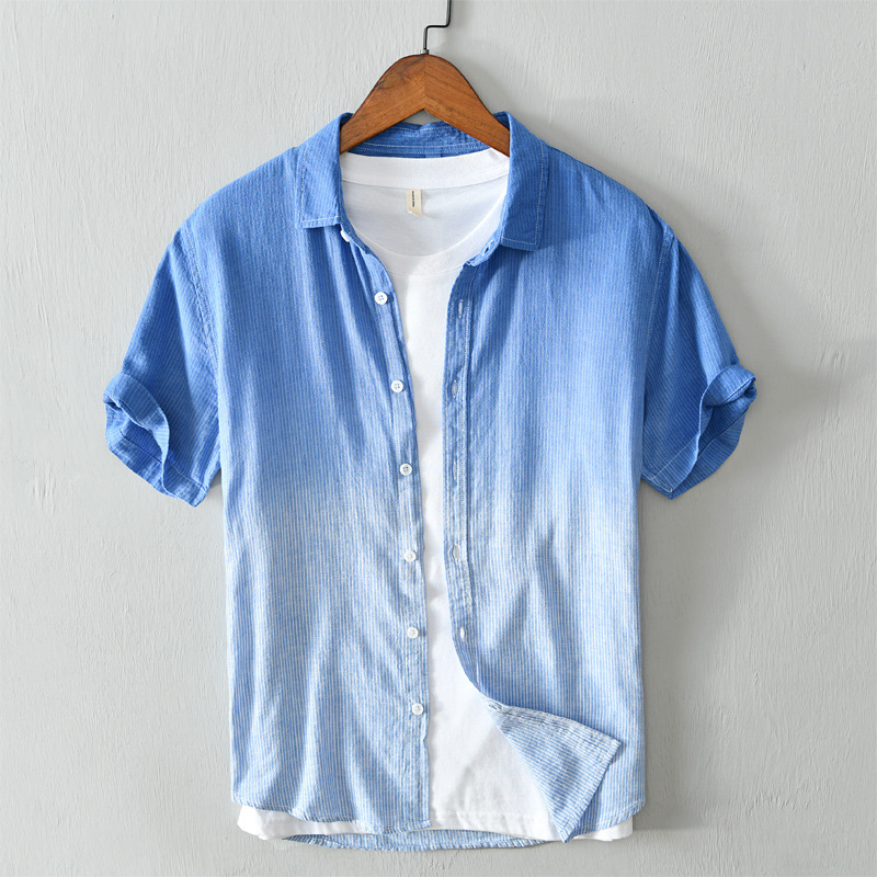 564 personality trend gradient color inside and outside all-match men's casual striped breathable short sleeve shirt men's one-piece hair generation