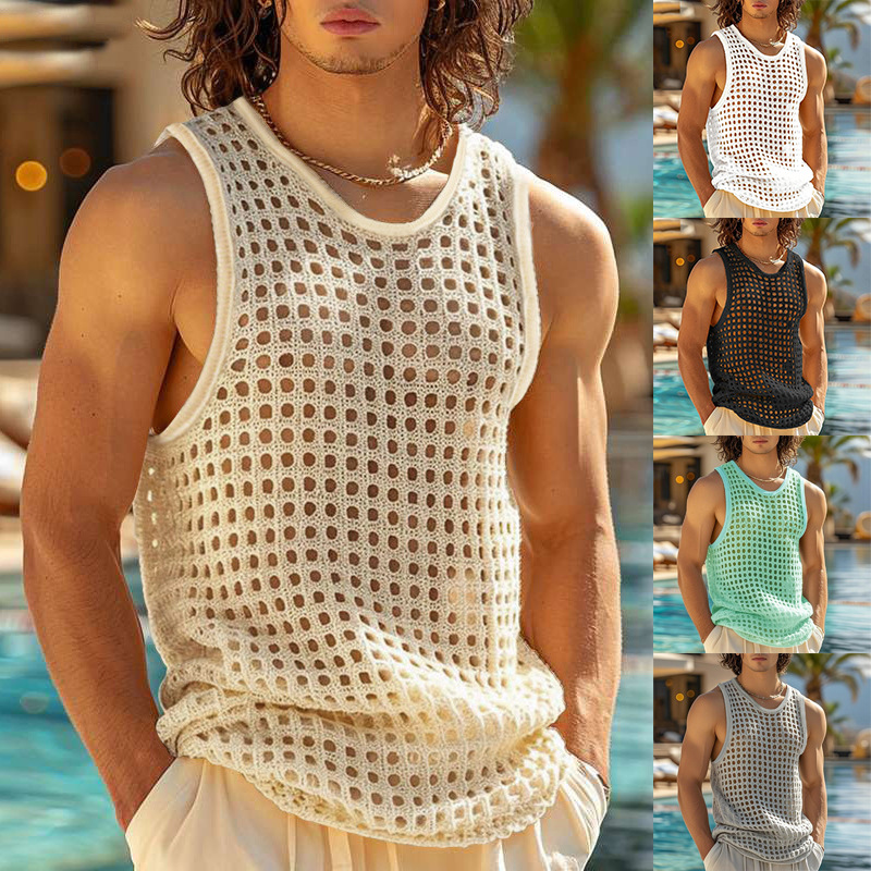 Cross-border Summer European and American Hollow-out Fitness Sleeveless T-shirt Muscle Men's Mesh Perspective Sexy Knitted Vest