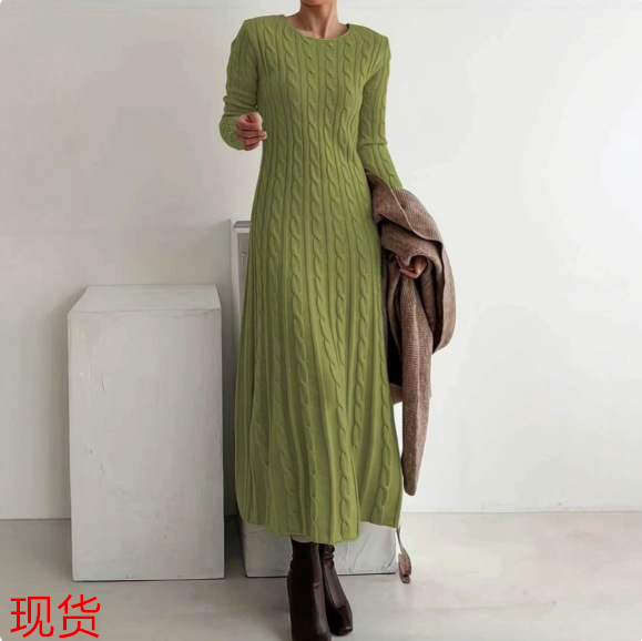 Cross-Border Amazon Foreign Trade Knitted Dress Autumn and Winter New Style Slim Fit Round Neck Cable Knit Sweater Long Dress with Inner Skirt