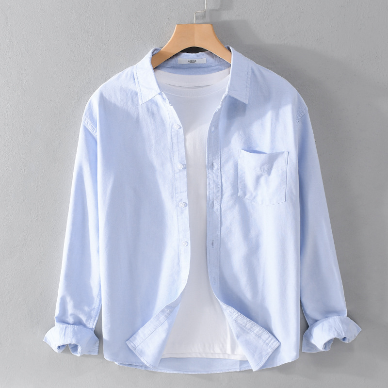 Men's Oxford Long-Sleeve Shirt, All-Cotton, Casual, Simple, Versatile, Solid Color, Slim Fit, White Shirt, Trendy Men's 9249