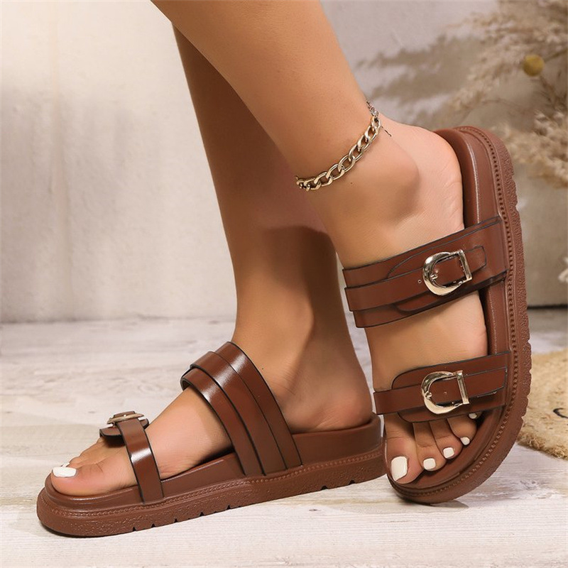 2025 Summer Cross-Border Foreign Trade One-Strap Buckle Soft-Soled Beach Sandals for Women, Trendy Birkenstock-Style Slippers for Outdoor Wear