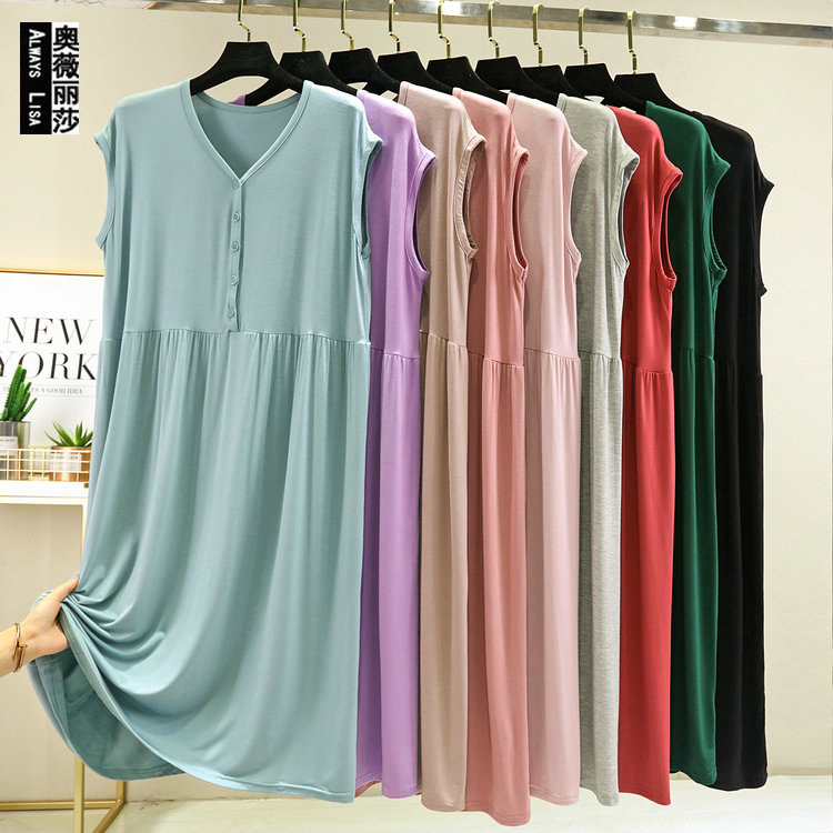 Summer Outfit Modal Sleeveless dress Women's Loose Large Swing Skirt Button V-neck Base Skirt Home Casual Skirt