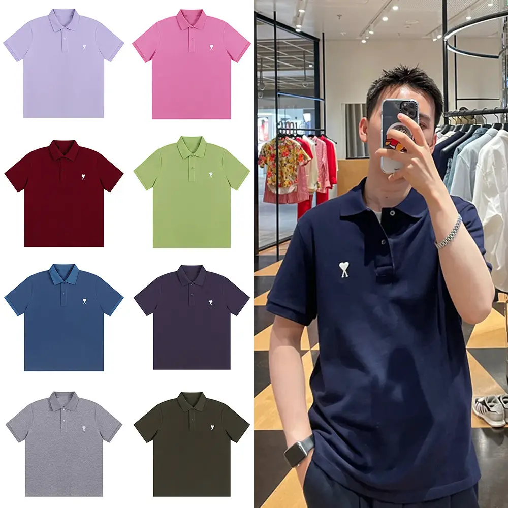 Ami Cross-Border Wholesale High-Quality Men's and Women's Business Lapel Pullover Short-Sleeved Polo Shirt Heart Embroidered Top T-Shirt
