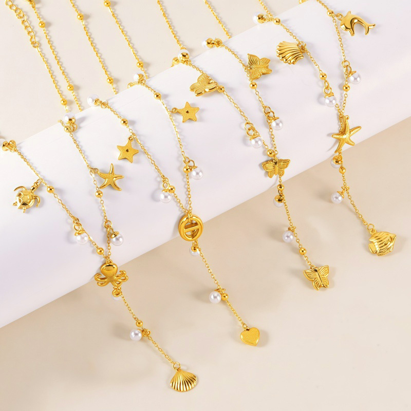 Cross-Border Hot-Selling Element Starfish Long Tassel Clavicle Chain Imitation Pearl Pendant Butterfly Stainless Steel Necklace Fashion New Style