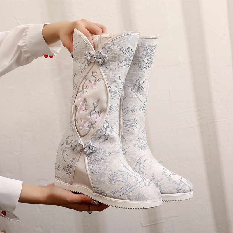 Northern Wolf 2026 Autumn New Collection: Ink Painting Mountain Landscape Embroidered Boots, Hanfu Style, Traditional Chinese Costume, Hidden Heel Boots