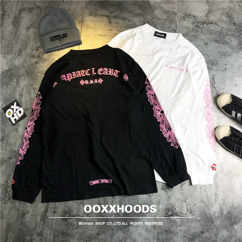 Youthful, cute, funny, loose fitting, white looking, age reducing, unisex, trendy, street pink, cross ghost rune, long sleeved T-shirt