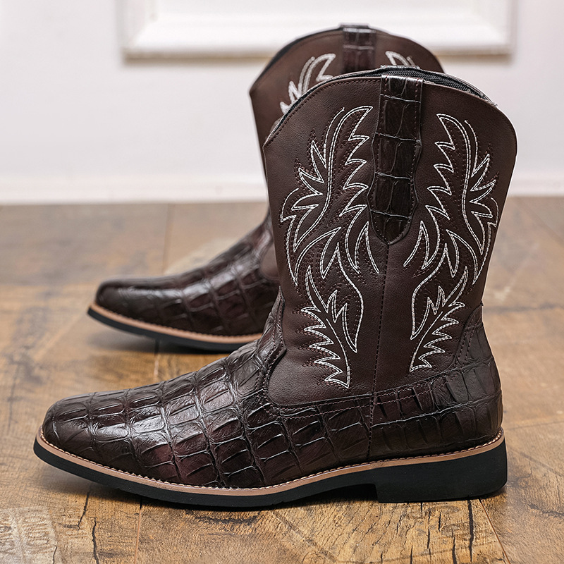 Cross-Border Autumn American-Style Pointed Leather Boots, Retro Western Cowboy Boots, Large Size High-Top Leather Shoes, Short Boots, Casual Men's Shoes