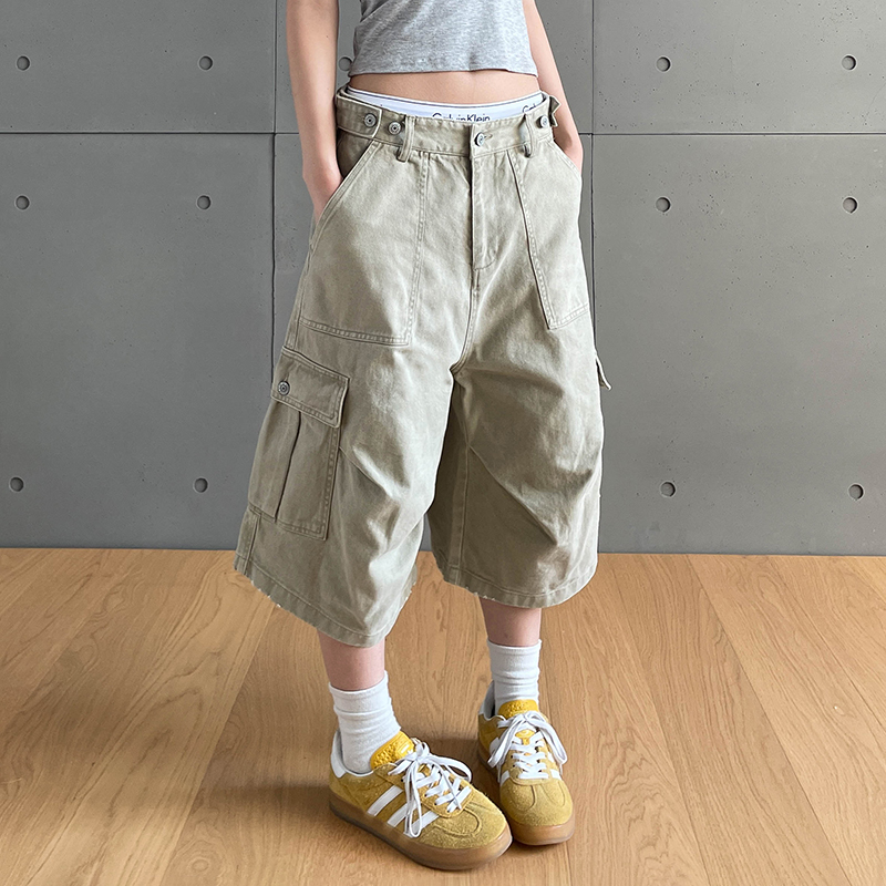 Apocket Workwear Cropped Pants American Retro Multi-Pocket Slim-Fit Unisex Summer Versatile