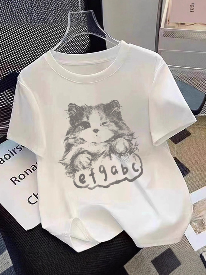 Pure Cotton Cat Print Short-Sleeved T-Shirt 2025 New Summer New Right Shoulder Casual Large Size Half-Sleeved T-Shirt Wholesale