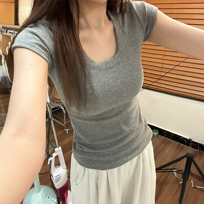 Women's U-Neck Short-Sleeve T-Shirt, 2026 Spring/Summer New Style, Slim Fit, Flattering, High-End, Cute, Trendy Top