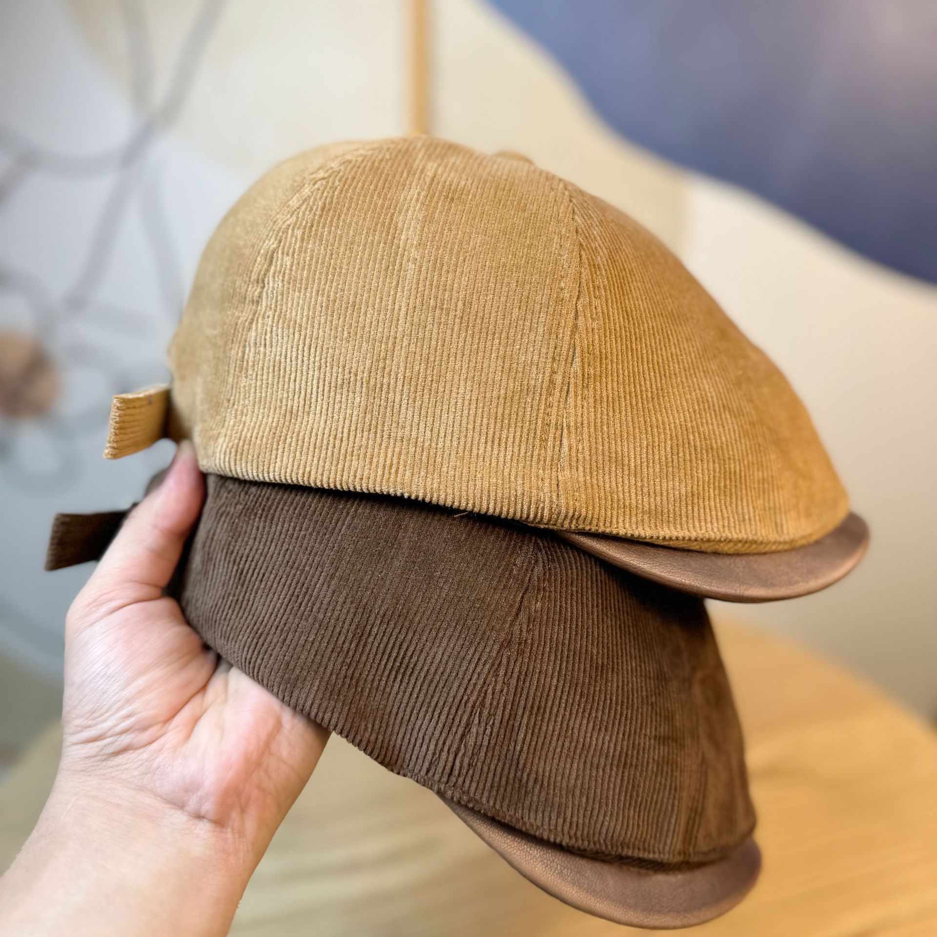 New Style Hat Women's Autumn and Winter Vintage Corduroy Wash Leather Hat Brim Forward Hat Newsboy Hat Fashionable Men's and Women's Duck Tongue