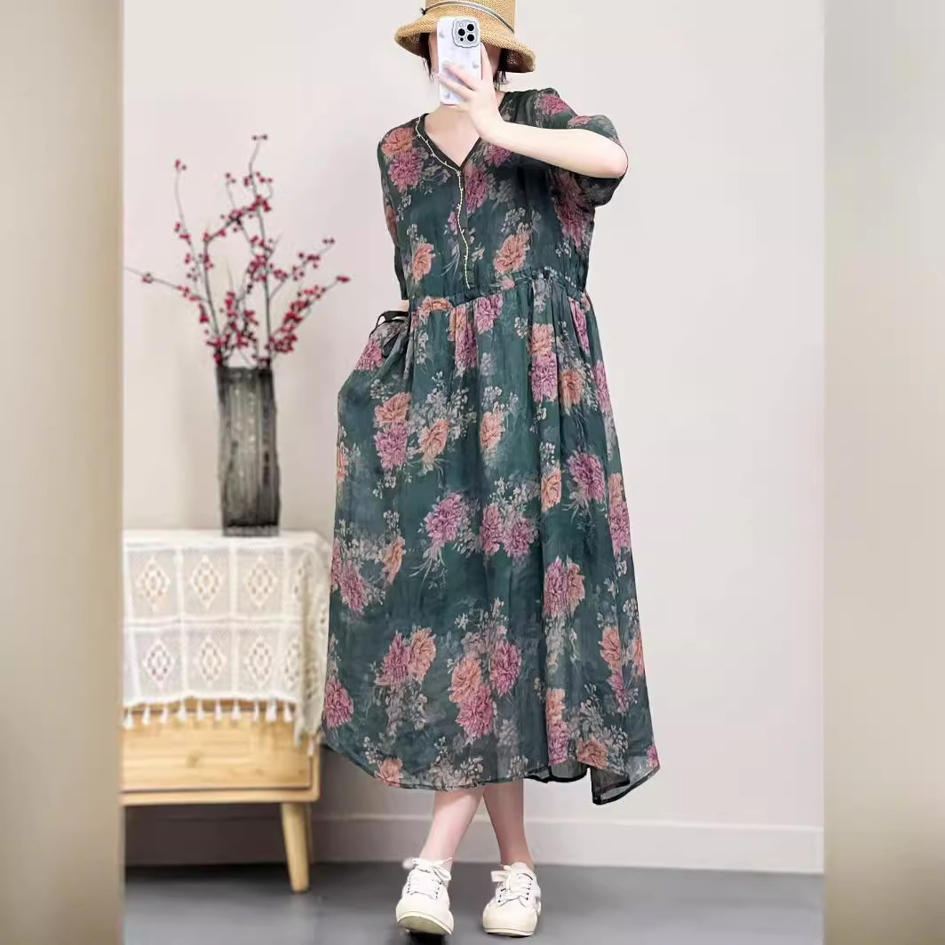 High-end Elegant Loose Print Lace-up Ramie Half Sleeve V-neck Thin Mid-length Dress 2024 New
