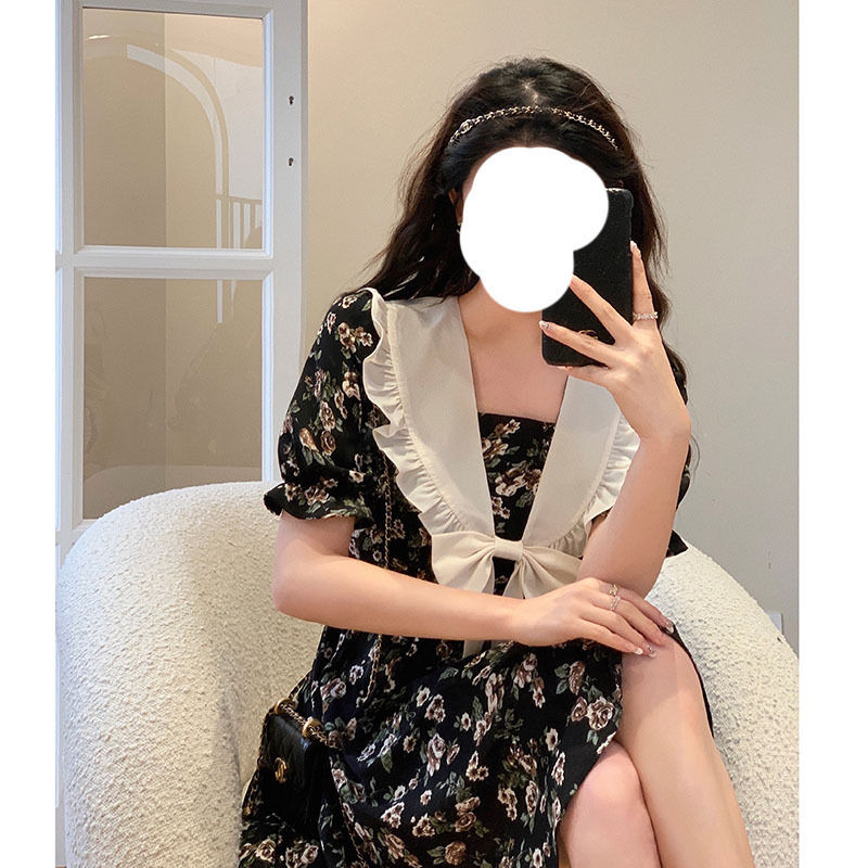 French navy collar black floral dress women's summer 2023 new bow elegant high waist college style skirt