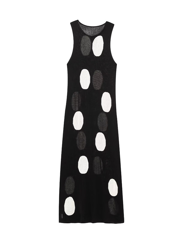 2025 New Summer Style Fashionable and Versatile Women's Polka Dot Sleeveless Knitted Round Neck Long Dress