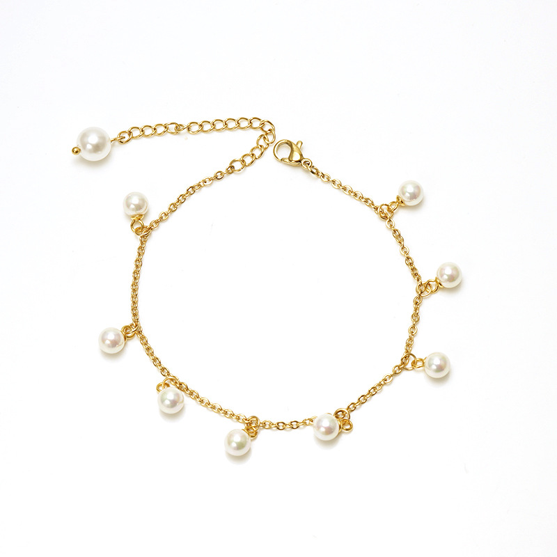 Cross-border new European and American ins fashion simple tassel stainless steel pearl anklet 18K gold foot chain jewelry does not fade