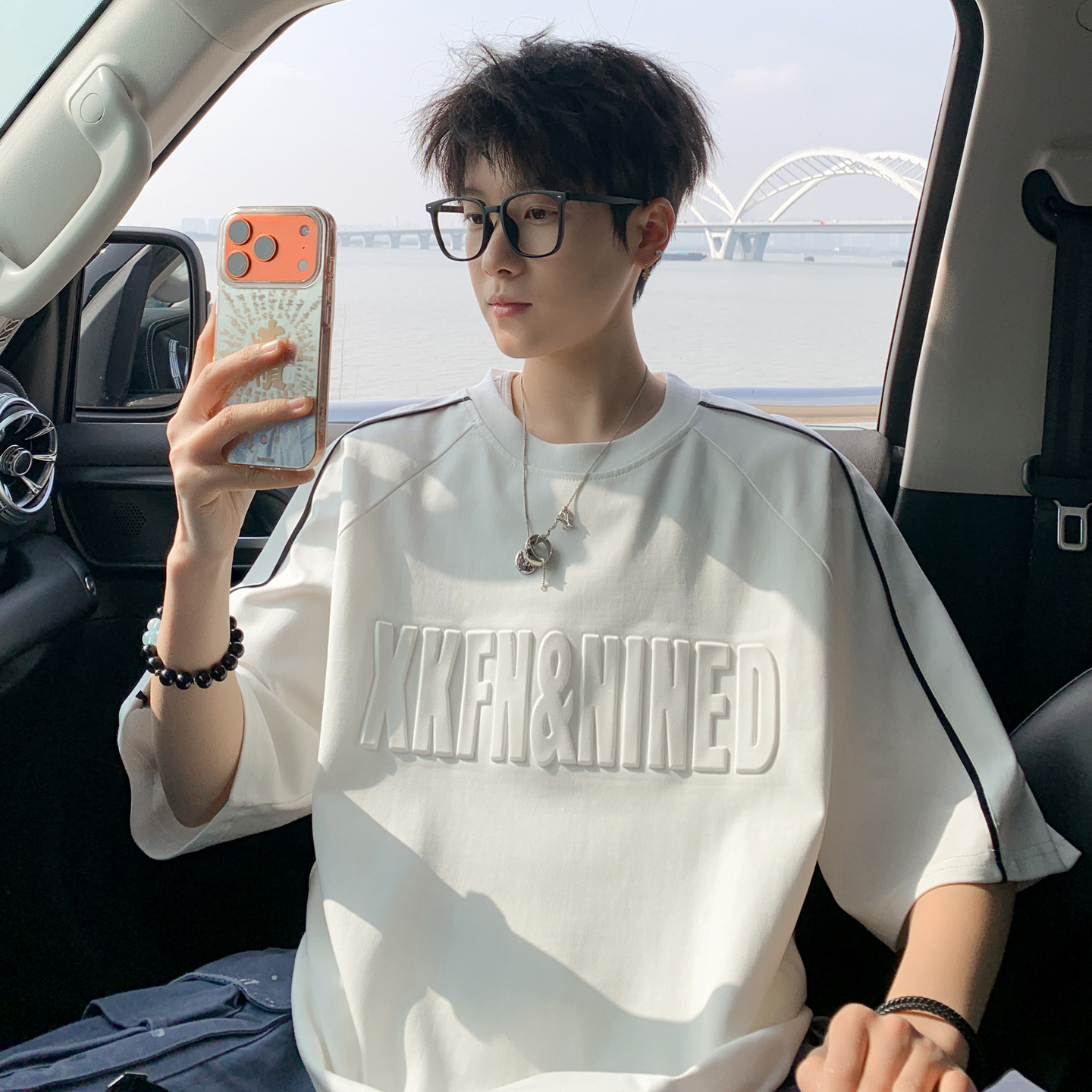 American-Style White Embossed Short-Sleeve T-Shirt for Men, 2026 New Trendy Brand, Loose Design, Casual Half-Sleeve Top