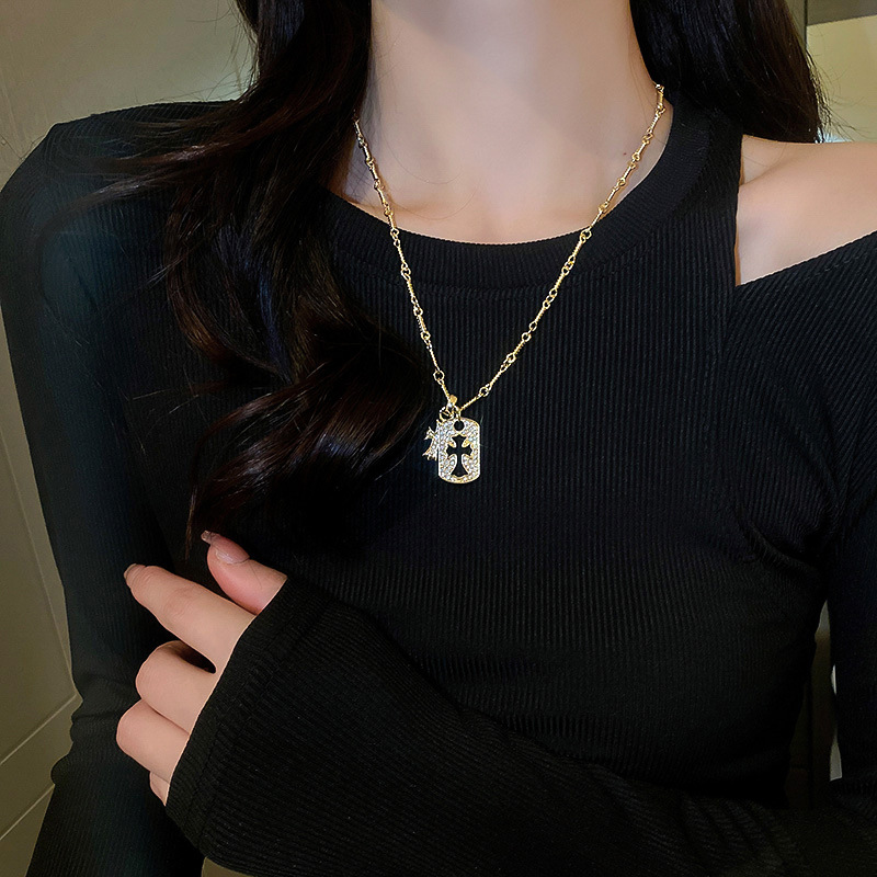 Korean Diamond-encrusted Cross Square Brand Necklace Niche Metallic Fashion Sweater Chain Personality All-match Elegant Necklace for Women