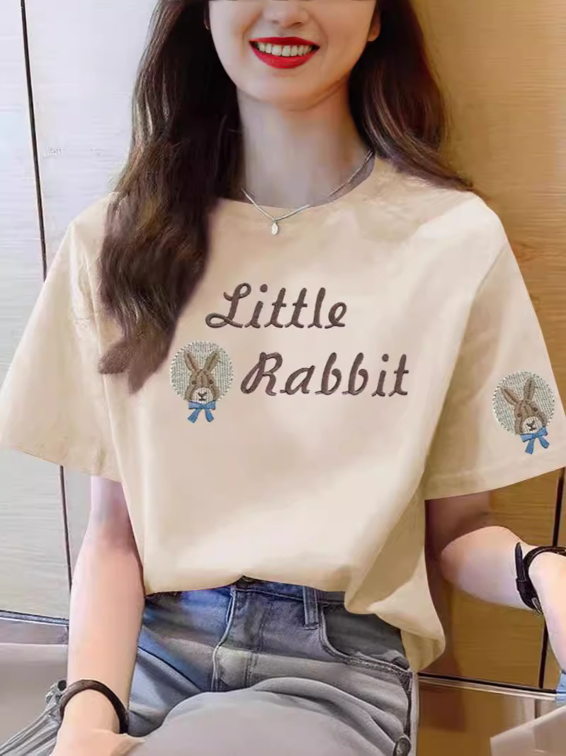 Pure Cotton Short-sleeved T-shirt Women's 2024 New Summer Shoulder Half-sleeved T-shirt Design Sense Niche Crewneck Printed Top