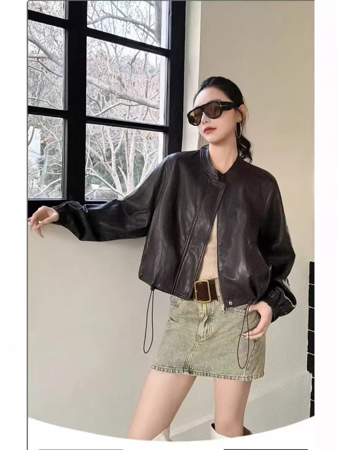 26 Spring Style Women's Leather Jacket New Model Long-Sleeve Casual Korean Style College Style Drawstring Hem Jacket