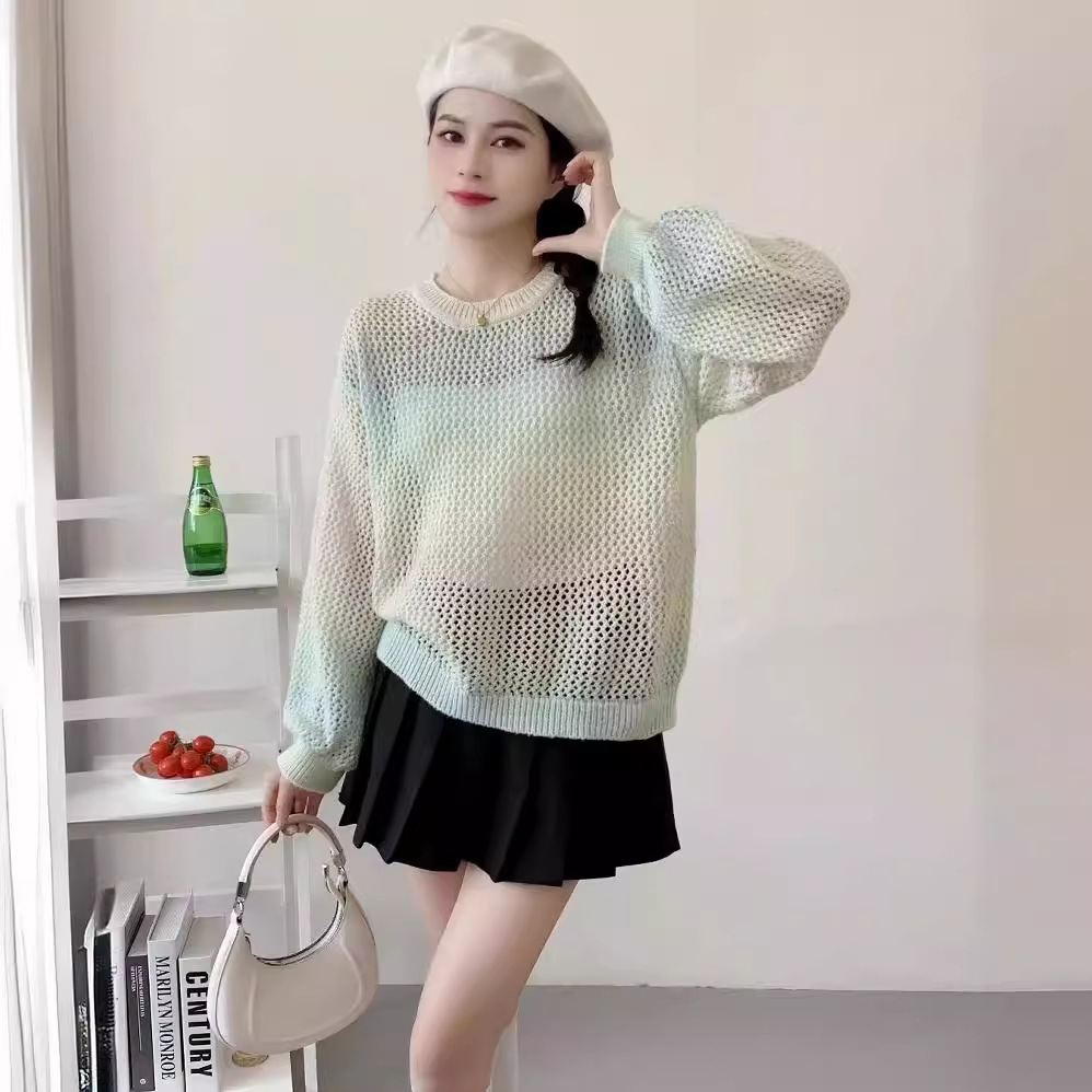 2024 Spring New Gradient Hollow Knit Sweater Women's Thin Loose Summer Long Sleeve T-Shirt with Sling