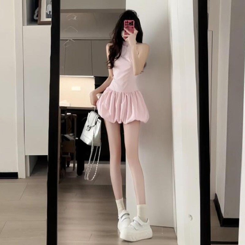 Sweet Pink Sleeveless dress Summer Skirt 2025 New French Girl's Puffy Flower Bud