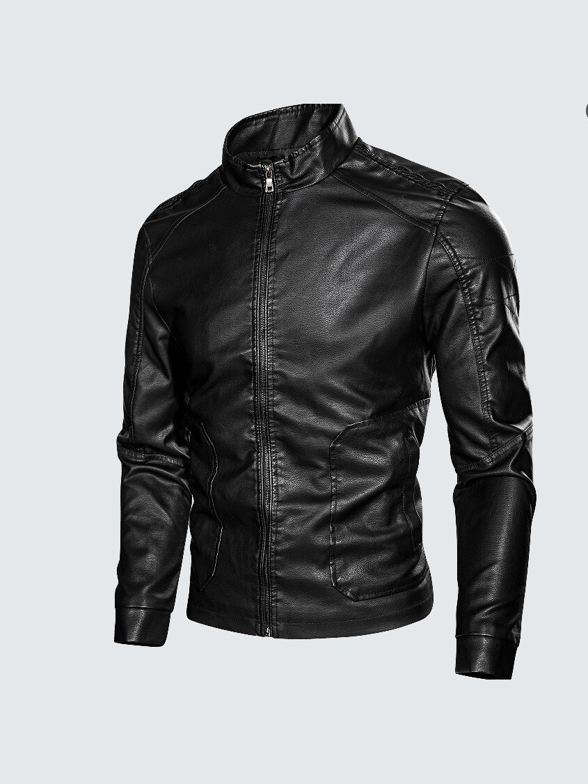 Cross-Border Men's Pu Leather Jacket, Spring and Autumn Slim Fit Biker Stand Collar Casual Coat, Men's Trendy Korean Style Leather Jacket