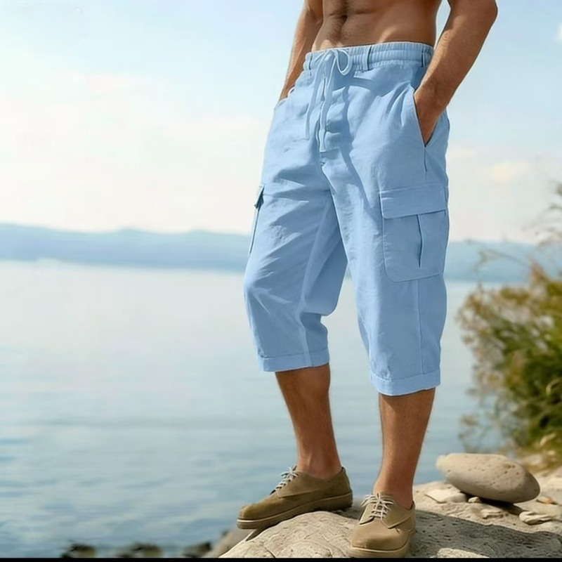 European and American 2026 New Men's Cotton-Linen All-Season Thin Breathable Workwear Multi-Pocket Loose Casual Trendy Wide-Leg Pants
