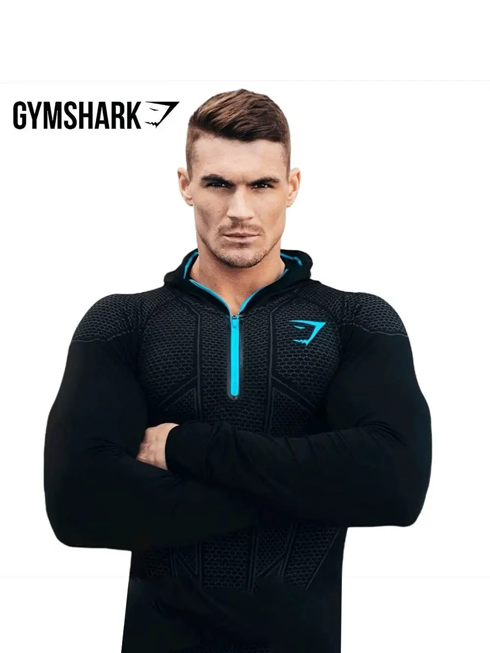 GYMSHARK Classic Quick-Dry Long Sleeve Muscle Fit Half-Zip Hooded T-Shirt Compression High-Stretch Training Top Black