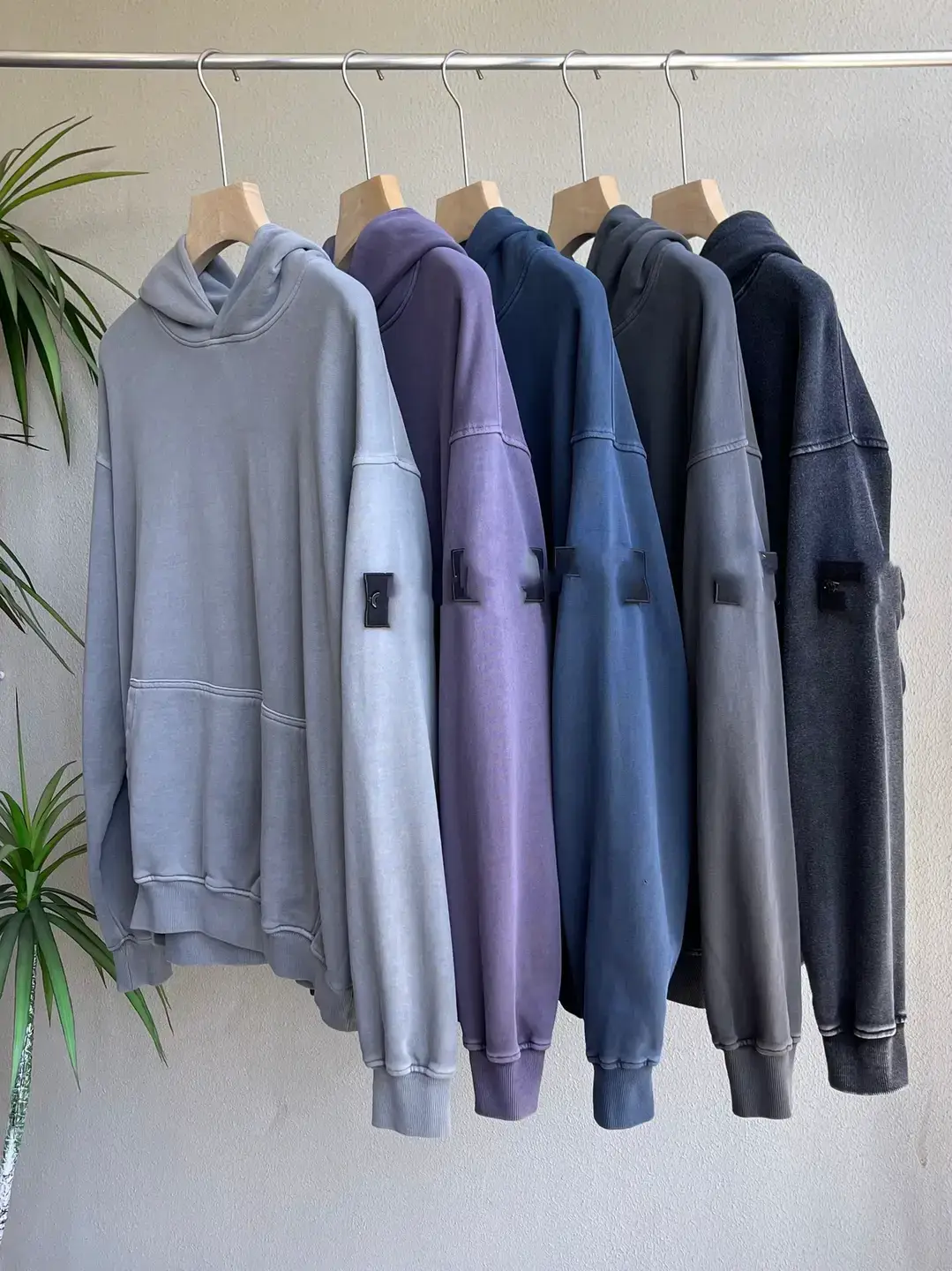 WASHED HOODED SWEATSHIRT water washed distressed loose looped hooded armband hoodie minimalist design