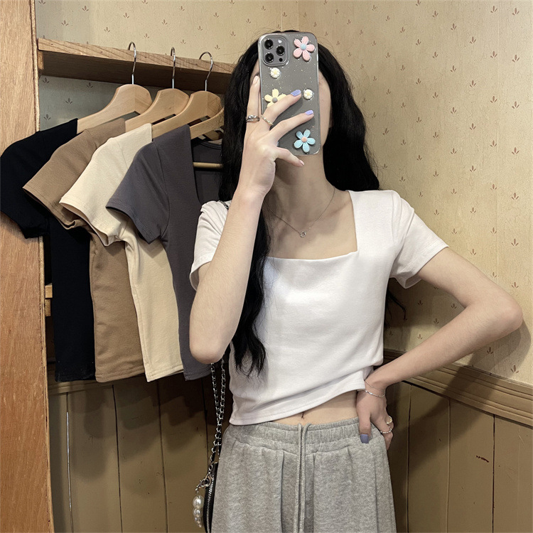 Elegant Square Collar Short-sleeved T-shirt Women's 2025 New Summer Korean Style Slim-fit Navel Bm Short Student Spice Girl Top