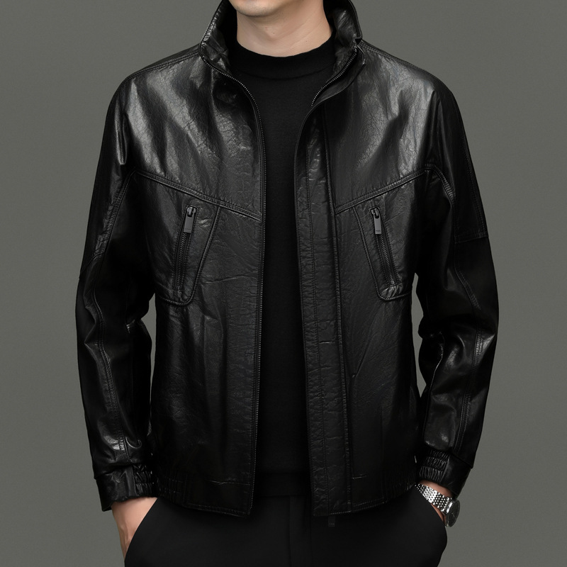 Autumn and Winter New Haining Genuine Leather Jacket Men's Oil Wax Cowhide Leather Jacket Young and Middle-Aged Short Motorcycle Jacket Leather Jacket Trendy