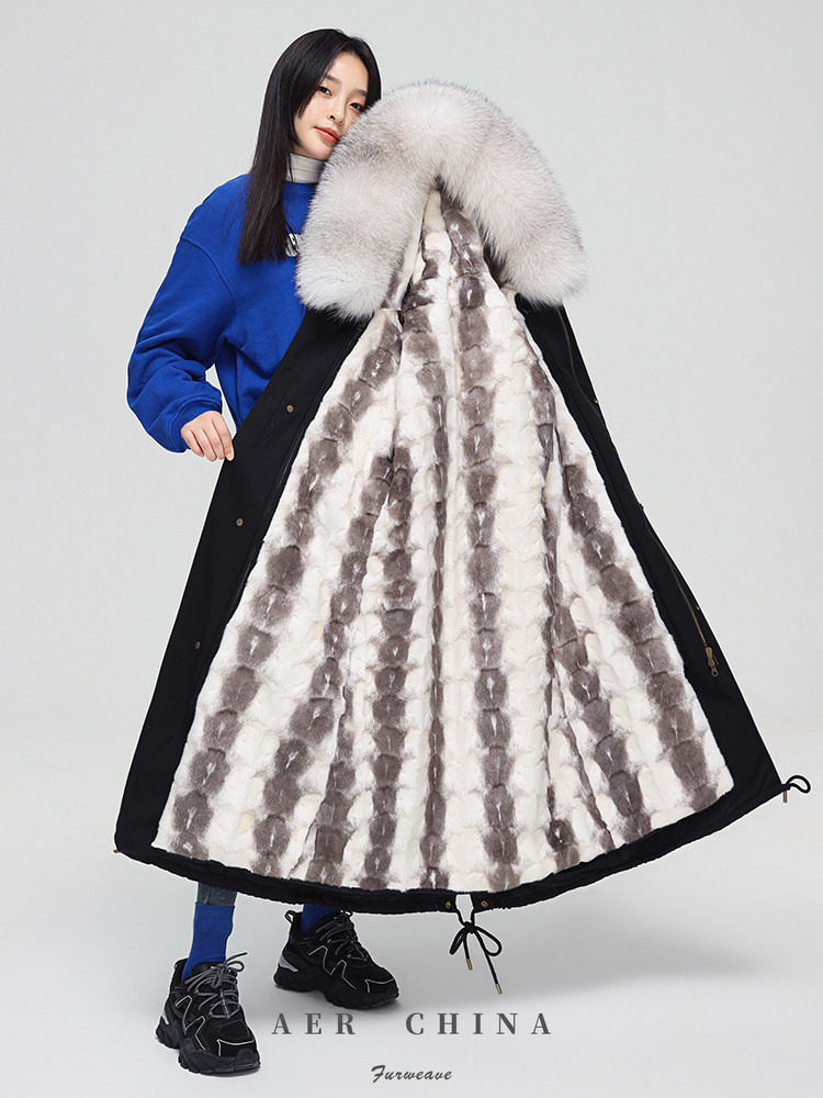Haining Fur Coat for Women, Imported Mink Fur Lining, Parka Style, Mid-Length Mink Coat with Fox Fur Large Collar Foto QC de TAOBAO na Qualit.ly