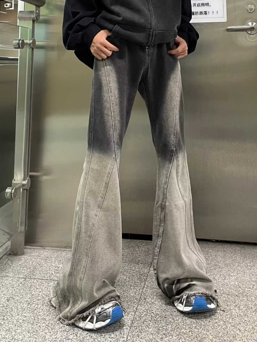 American-style High Street Black and Grey Gradient Jeans Trendy Brand Spring and Autumn High-grade Stitching Loose Micro-high Street Trousers