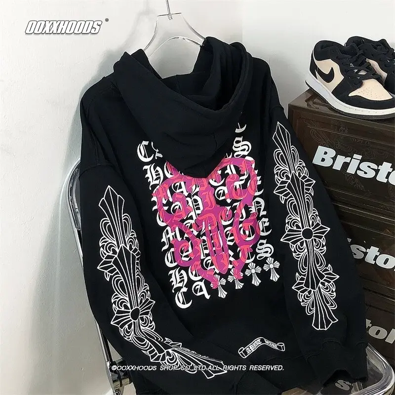 Pink Imprint Cross Totem Personality Mighty Handsome Hoodie Personality Street European and American Loose Thin Trendy Hoodie