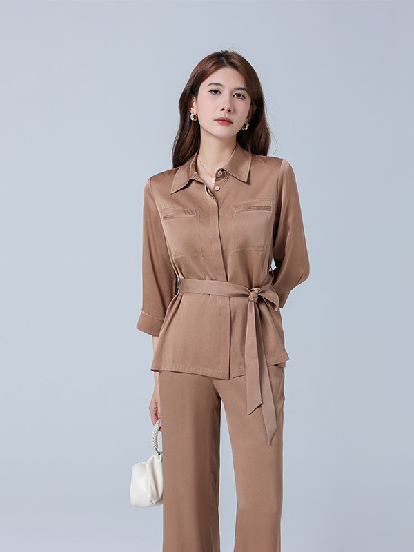 2024 New Silk Shirt Suit Women's Spring Casual Three-Quarter Sleeve Mulberry Silk Commuting Top and Pants Two-Piece Set