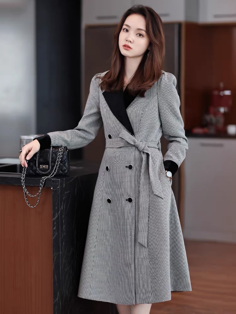 Plaid Trench Coat for Women, Autumn 2025 New Houndstooth Patchwork Mid-Length Belted Waist-Slimming Coat Jacket
