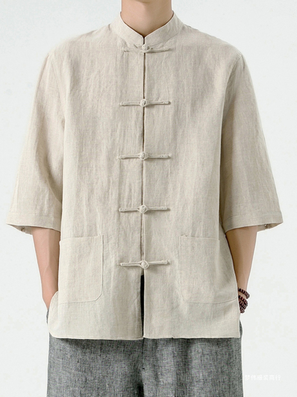 Chinese Style Men's Linen Shirt Chinese Tang Suit Cotton and Linen Men's Three-Quarter Sleeve Shirt Summer Retro Stand Collar Mengwei