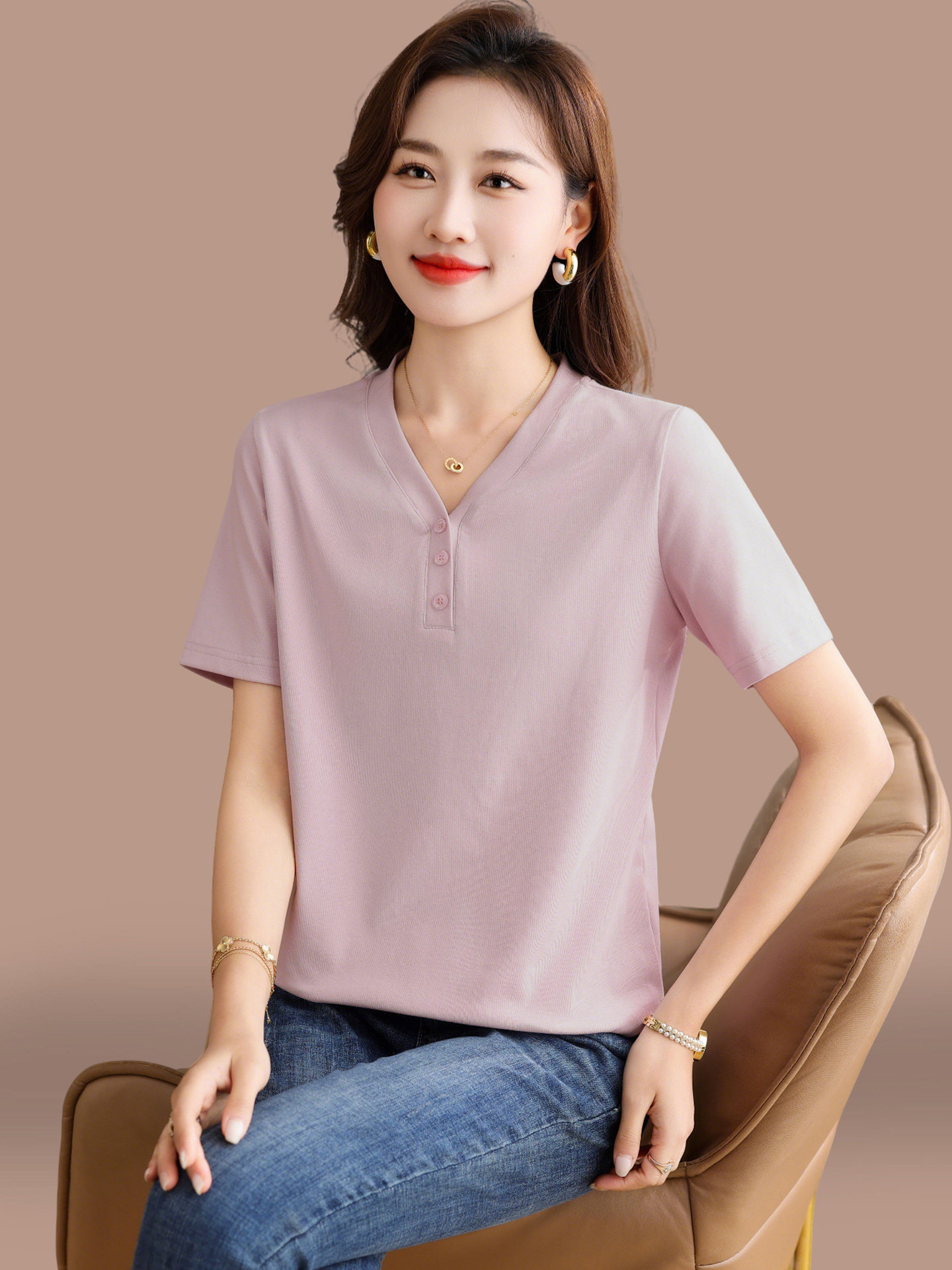 V-Neck Short-Sleeved T-Shirt for Women Summer 2026 New Style Mom Summer Wear Thin Loose Casual Versatile Half-Sleeved Pure Color Top
