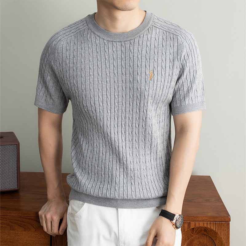 Old Money Style Round Neck Cable Knit Sweater Men's Top Simple Short-Sleeve T-Shirt European Style Loose American Sweater