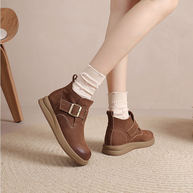 Korean Style Genuine Leather Comfortable Ankle Boots Women's 2024 Autumn and Winter New Casual High-top Birkenstocks Retro Super Soft Platform Single-layer Shoes