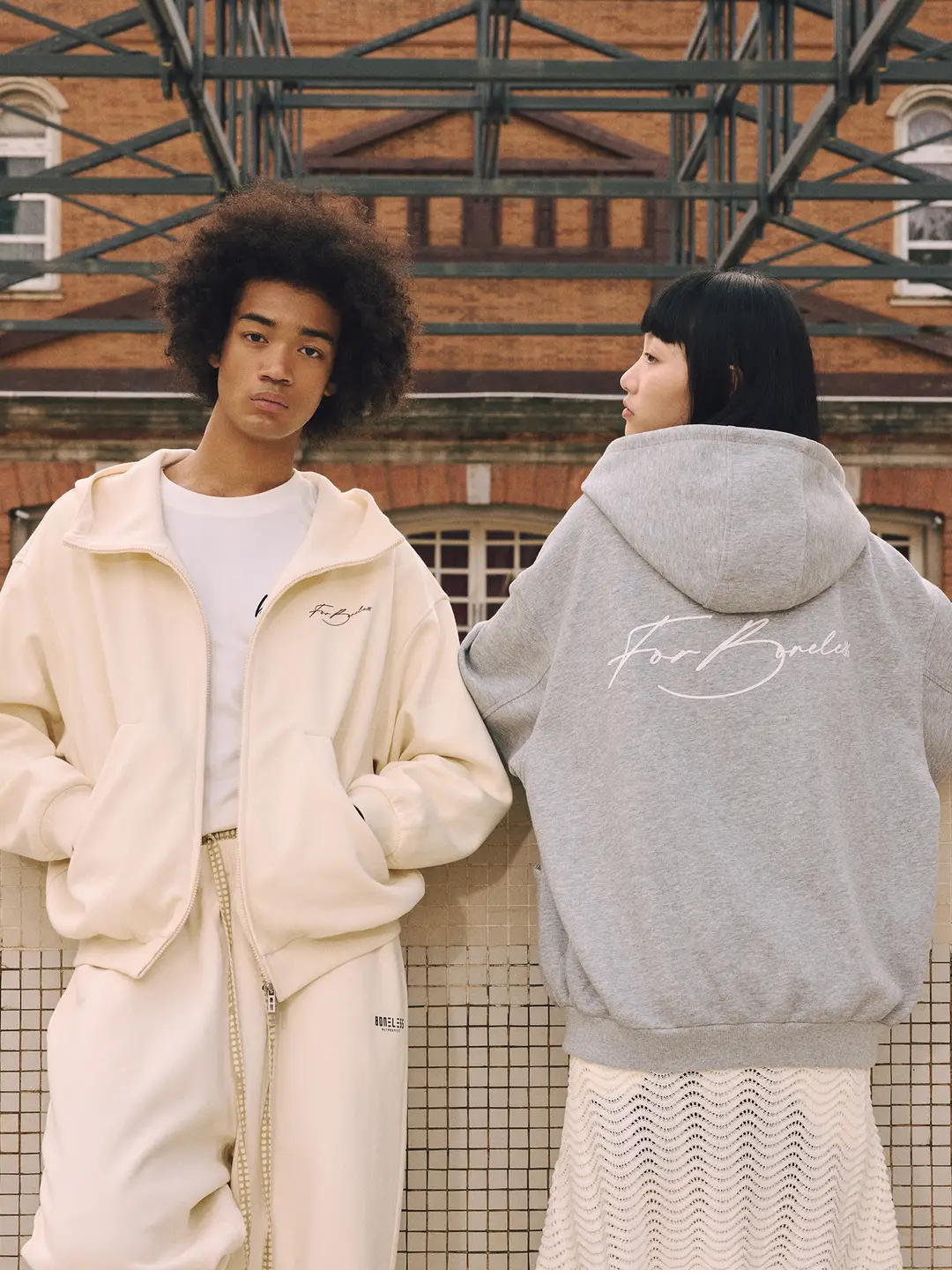 Boneless Cursive Print High Collar Hooded Sweatshirt Loose Double Zipper Cardigan Outwear Couple Minimalist Tops Trendy